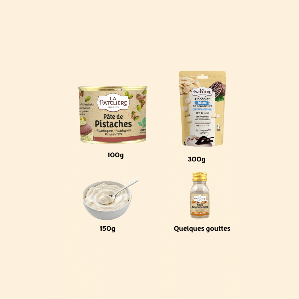 Image des ingredients pour ganache pistache La Patelière : crème liquide, chocolat blanc, pate de pistache et arome amande amère