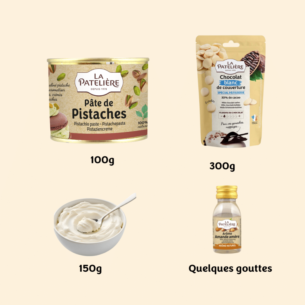 Image des ingredients pour ganache pistache La Patelière : crème liquide, chocolat blanc, pate de pistache et arome amande amère